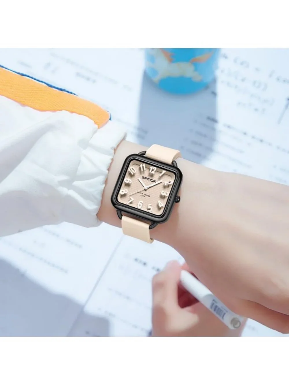Women’s Apricot  Big Arabic Numbers Silicone Strap Analog Square Wrist Watch